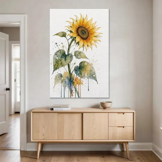 Farmhouse Nodding Watercolor Sunflower with Dripping Leaves - Canvas Wall Art - Coffee Table - 40x60