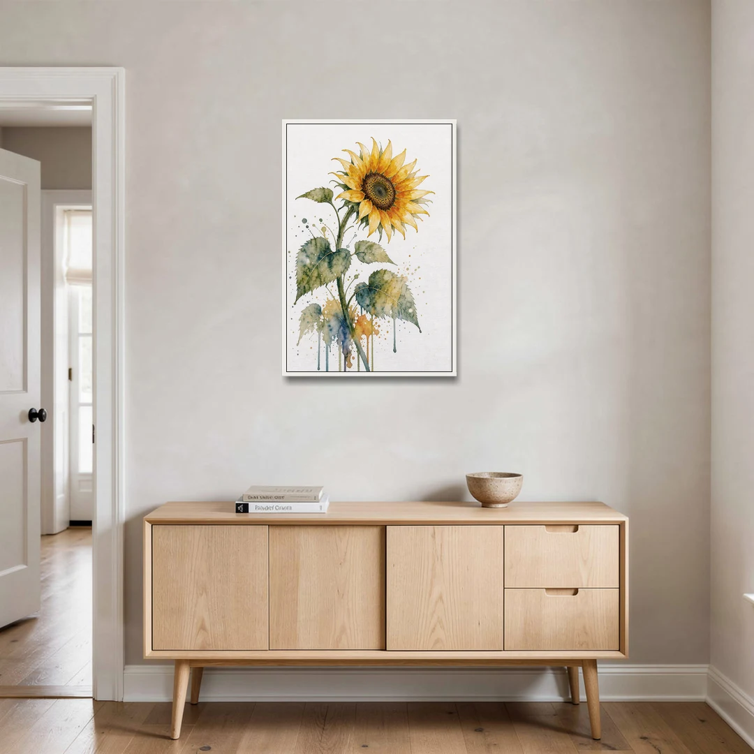 Farmhouse Nodding Watercolor Sunflower with Dripping Leaves - White Framed Canvas Wall Art - Coffee Table - 24x36