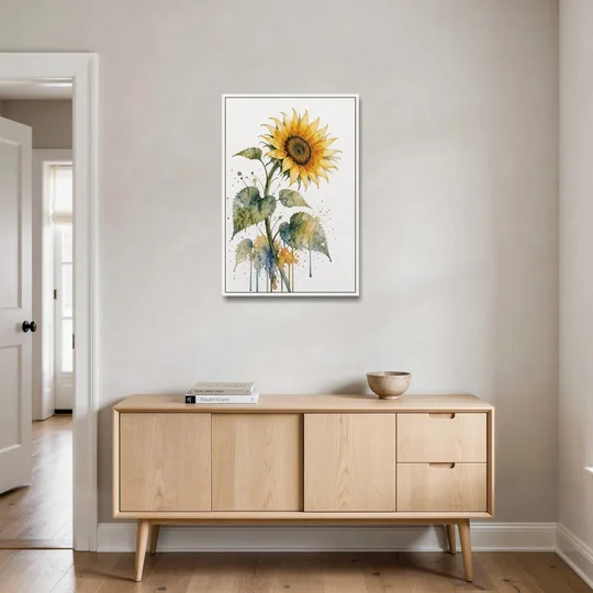 Farmhouse Nodding Watercolor Sunflower with Dripping Leaves - White Framed Canvas Wall Art - Coffee Table - 24x36