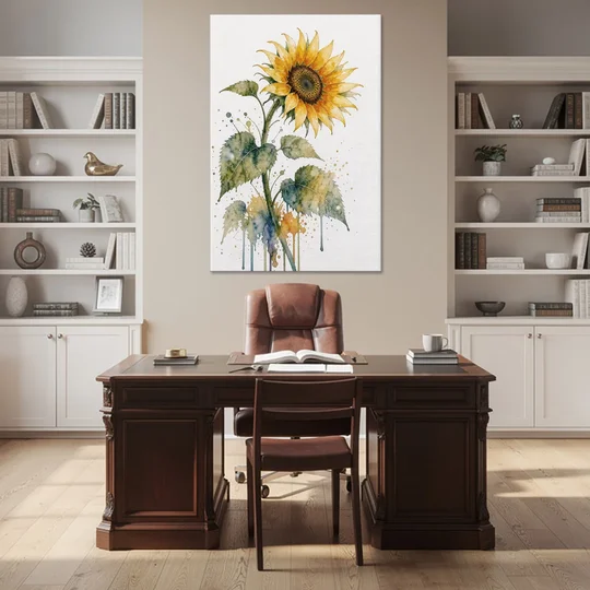 Farmhouse Nodding Watercolor Sunflower with Dripping Leaves - Canvas Wall Art - Office - 40x60