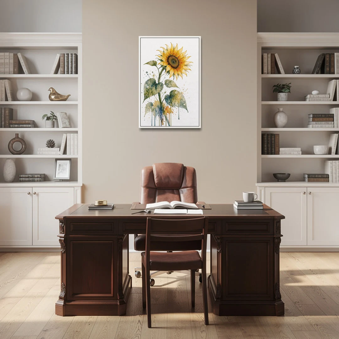 Farmhouse Nodding Watercolor Sunflower with Dripping Leaves - White Framed Canvas Wall Art - Office - 24x36