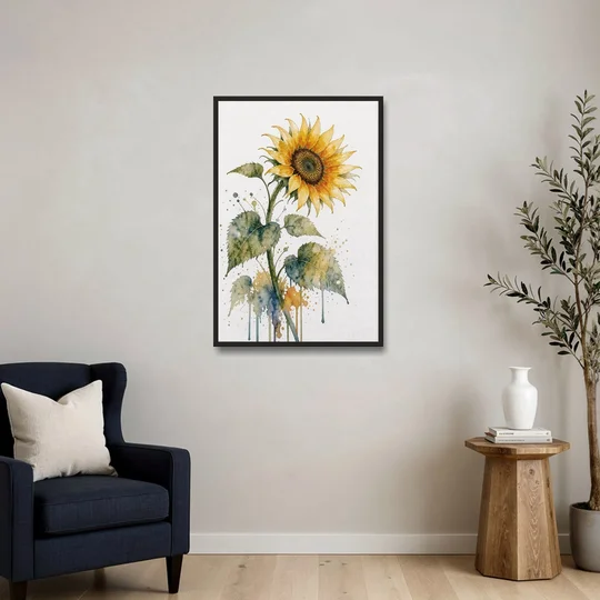 Farmhouse Nodding Watercolor Sunflower with Dripping Leaves - Black Framed Canvas Wall Art - Sofa - 24x36
