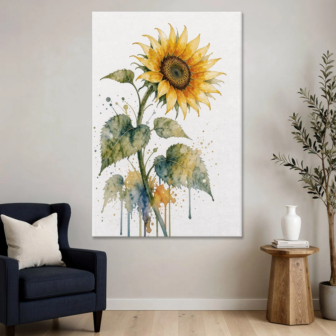 Farmhouse Nodding Watercolor Sunflower with Dripping Leaves - Canvas Wall Art - Sofa - 40x60