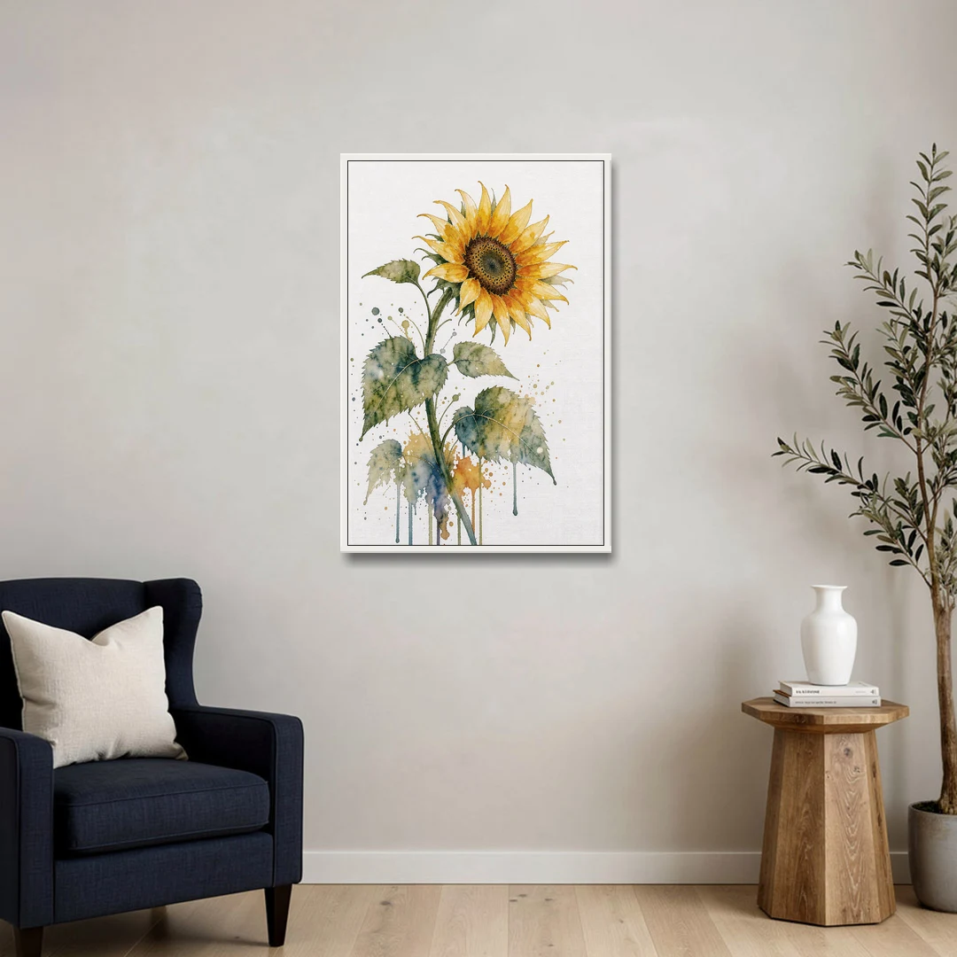 Farmhouse Nodding Watercolor Sunflower with Dripping Leaves - White Framed Canvas Wall Art - Sofa - 24x36