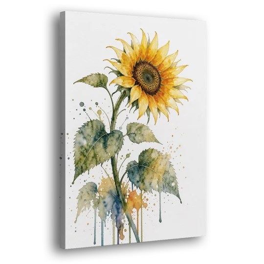 Farmhouse Nodding Watercolor Sunflower with Dripping Leaves - Canvas Wall Art - Side