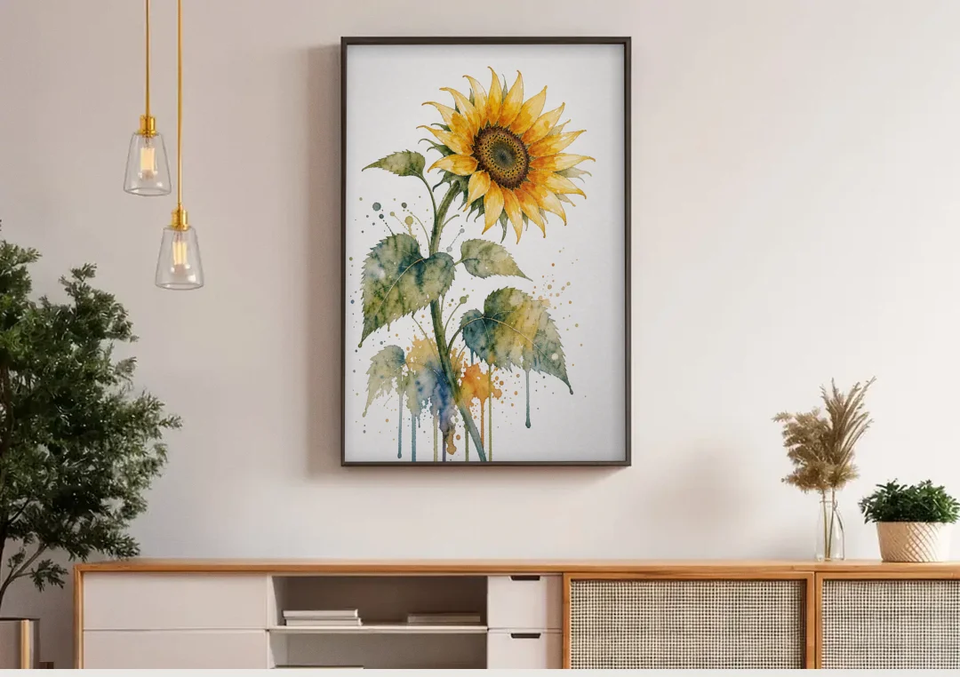 Farmhouse Nodding Watercolor Sunflower with Dripping Leaves canvas wall art above a wooden sideboard under pendant lights