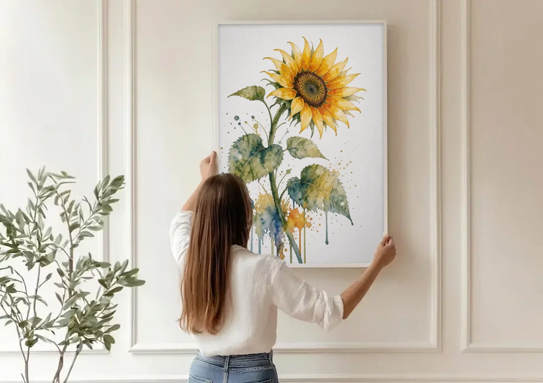 Farmhouse Nodding Watercolor Sunflower with Dripping Leaves canvas wall art being hung on a paneled wall