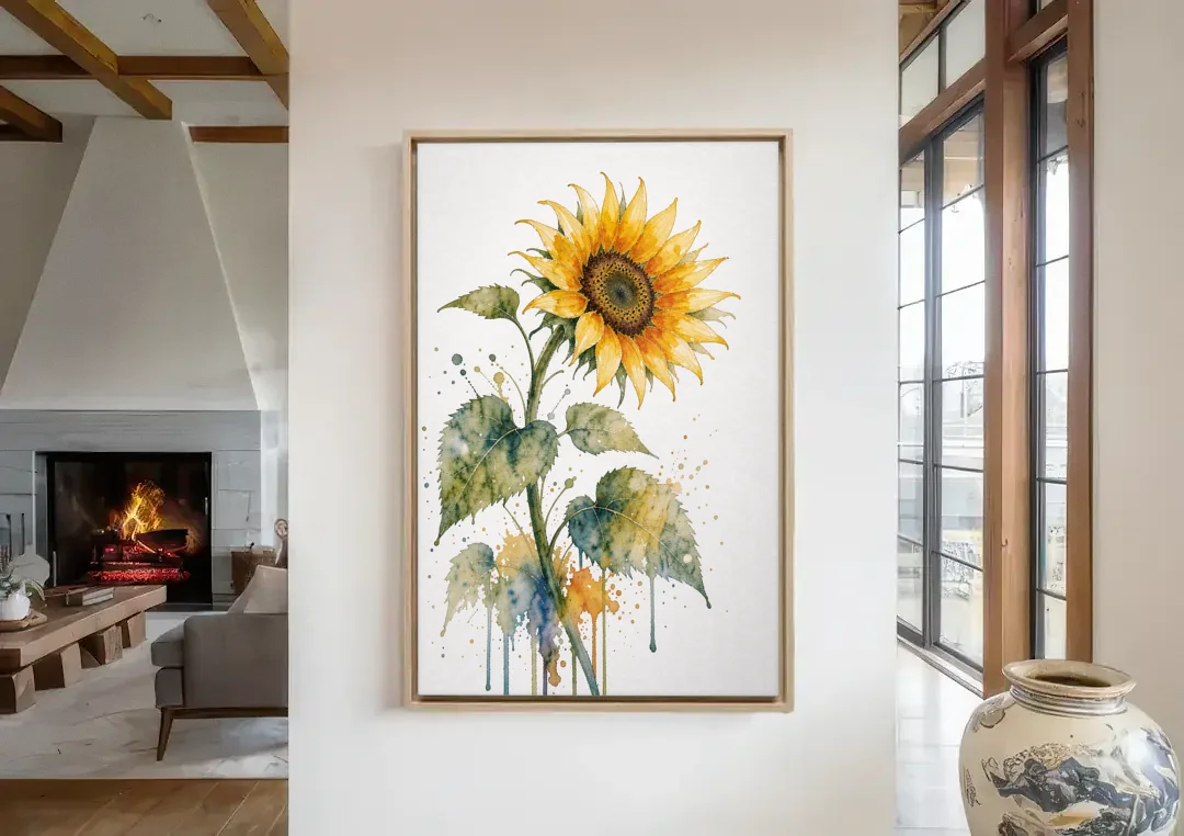 Farmhouse Nodding Watercolor Sunflower with Dripping Leaves canvas wall art in a living room with a fireplace