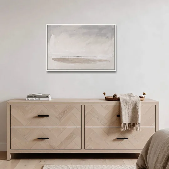 Nordic Wall Art Driftwood Band Under Sea Fog - White Framed Canvas Wall Art - Coffee Table - 36x24