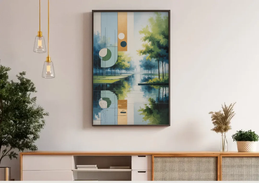 Nordpark Serenity canvas wall art above a wooden sideboard under pendant lights