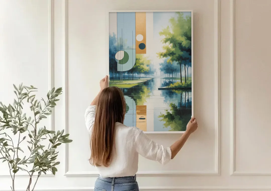 Nordpark Serenity canvas wall art being hung on a paneled wall
