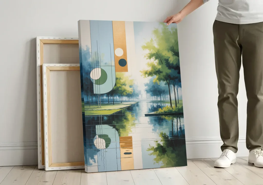 Nordpark Serenity canvas wall art leaning against a wall next to blank canvases