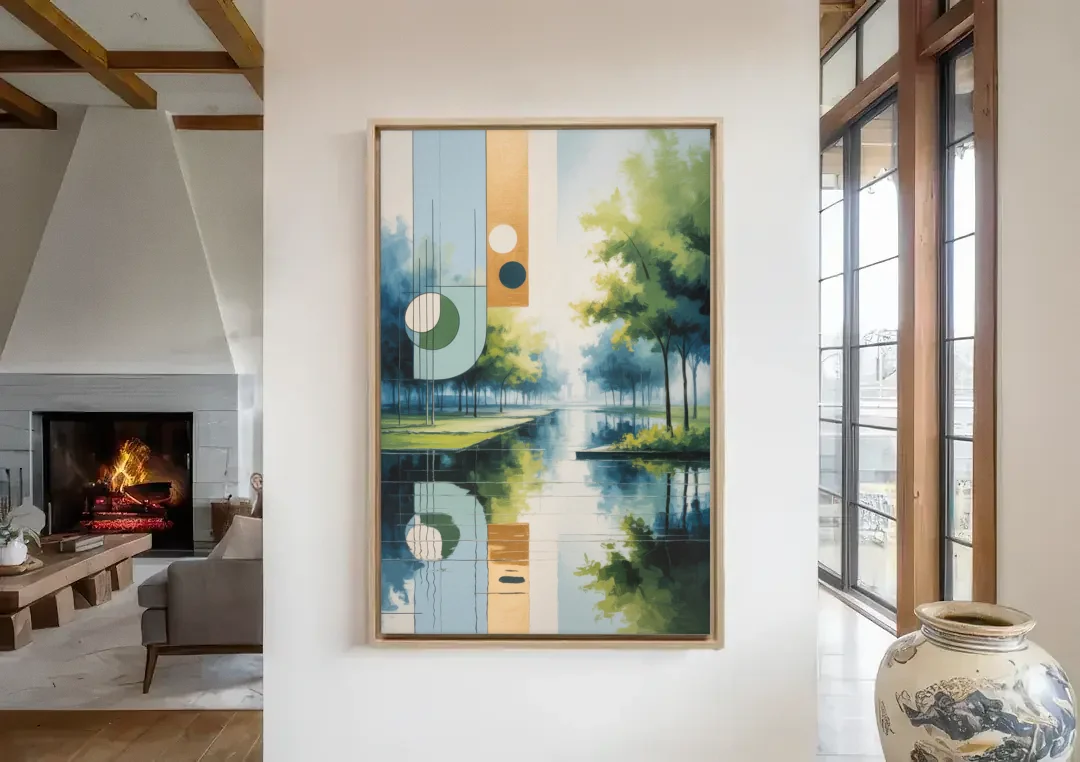 Nordpark Serenity canvas wall art in a living room with a fireplace