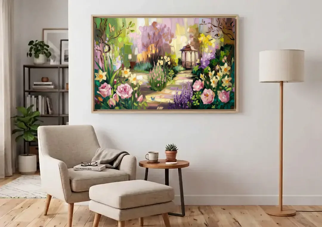 Norfolk Botanical Gardens canvas wall art above an armchair in a bright living room