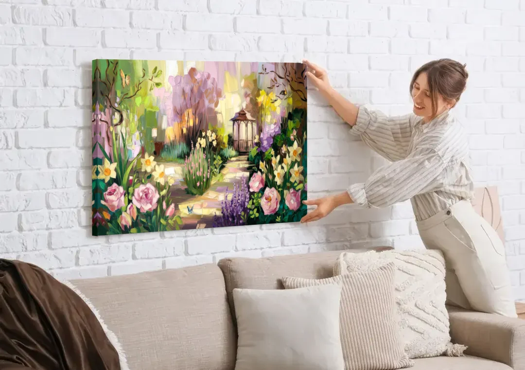 Norfolk Botanical Gardens canvas wall art being hung on a white brick wall above a sofa