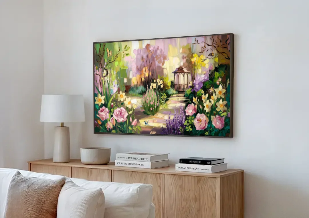 Norfolk Botanical Gardens canvas wall art above a wooden sideboard next to a sofa