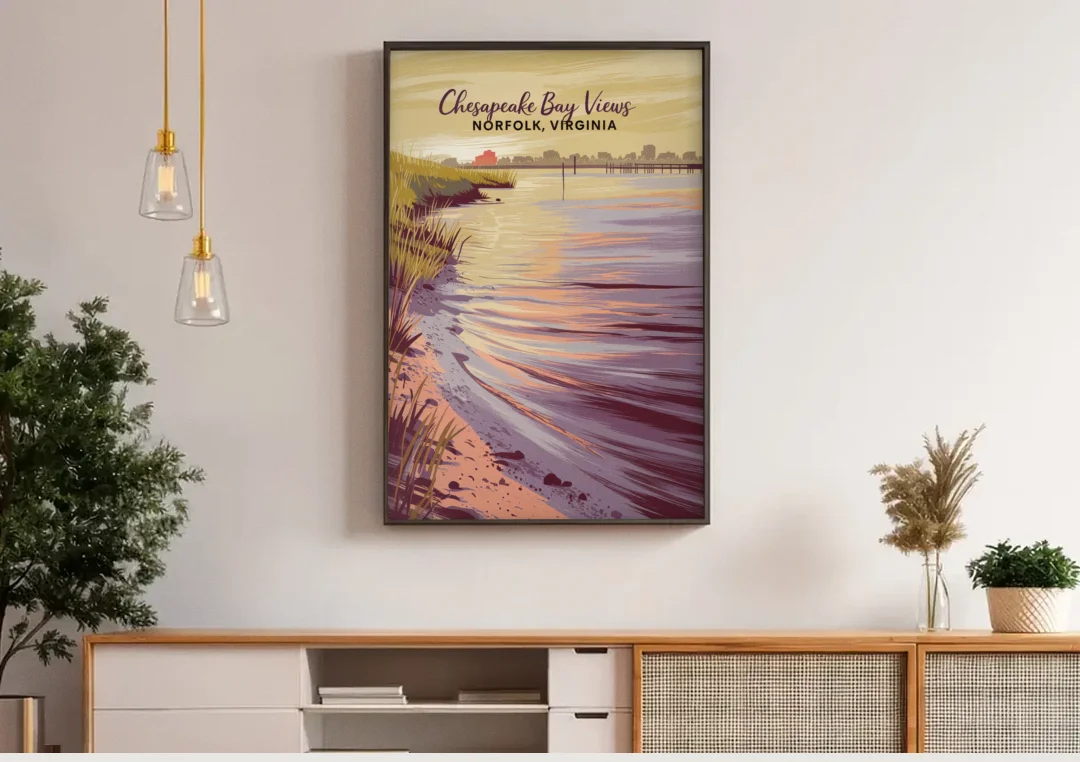 Norfolk Chesapeake Bay Views canvas wall art above a wooden sideboard under pendant lights