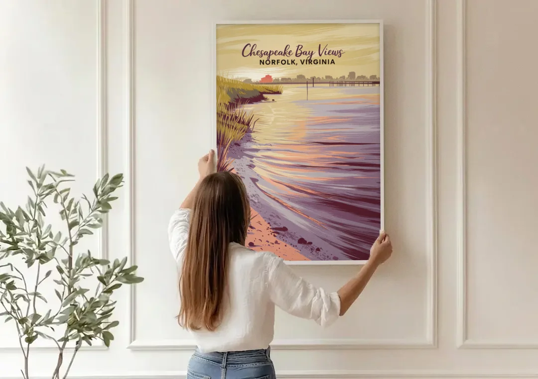 Norfolk Chesapeake Bay Views canvas wall art being hung on a paneled wall
