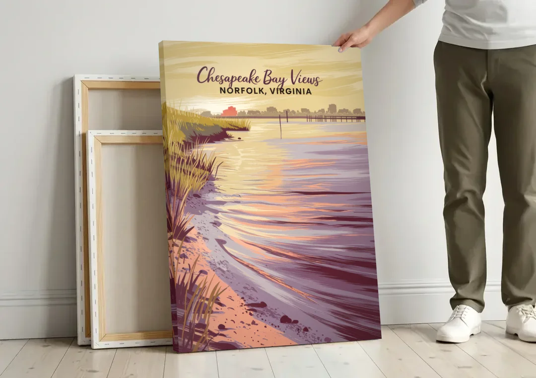 Norfolk Chesapeake Bay Views canvas wall art leaning against a wall next to blank canvases