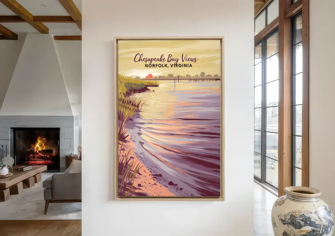 Norfolk Chesapeake Bay Views canvas wall art in a living room with a fireplace