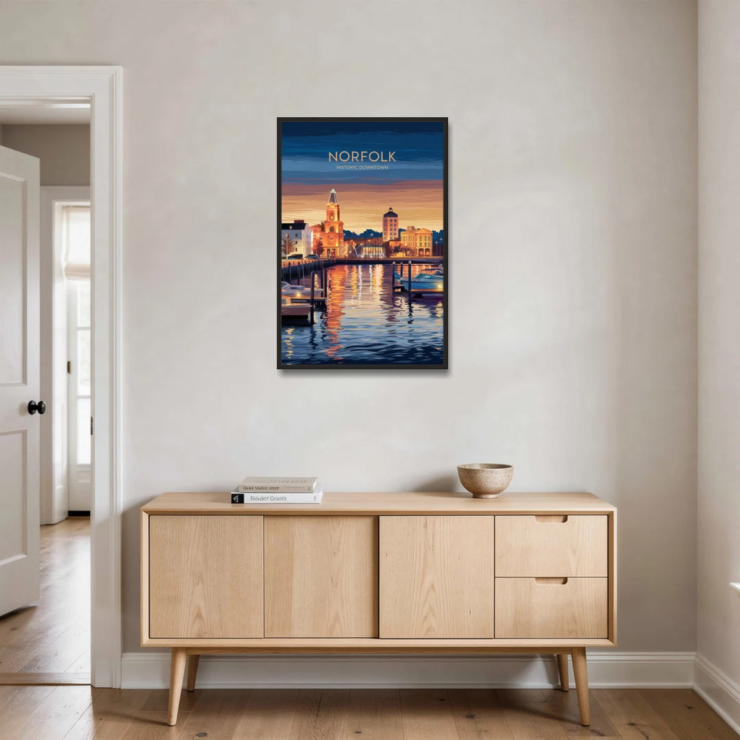 Norfolk Historic Downtown - Black Framed Canvas Wall Art - Coffee Table - 24x36