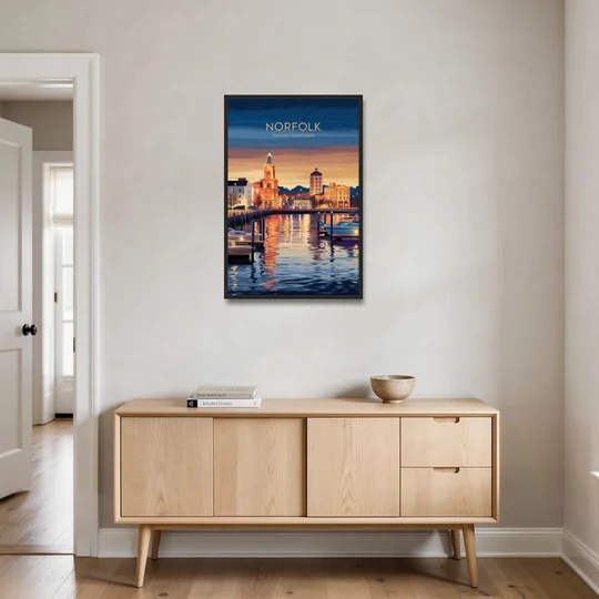 Norfolk Historic Downtown - Black Framed Canvas Wall Art - Coffee Table - 24x36