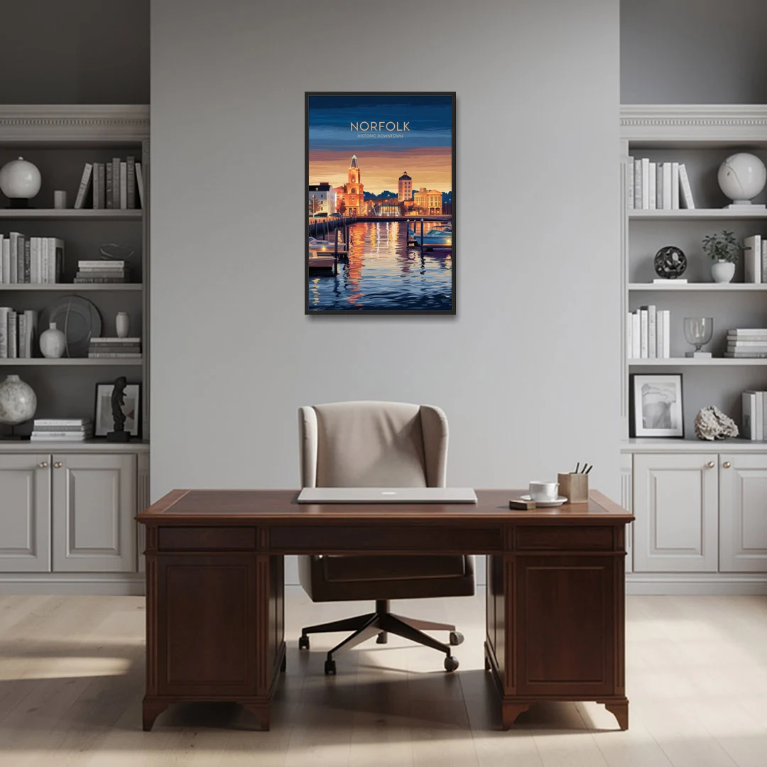 Norfolk Historic Downtown - Black Framed Canvas Wall Art - Office - 24x36