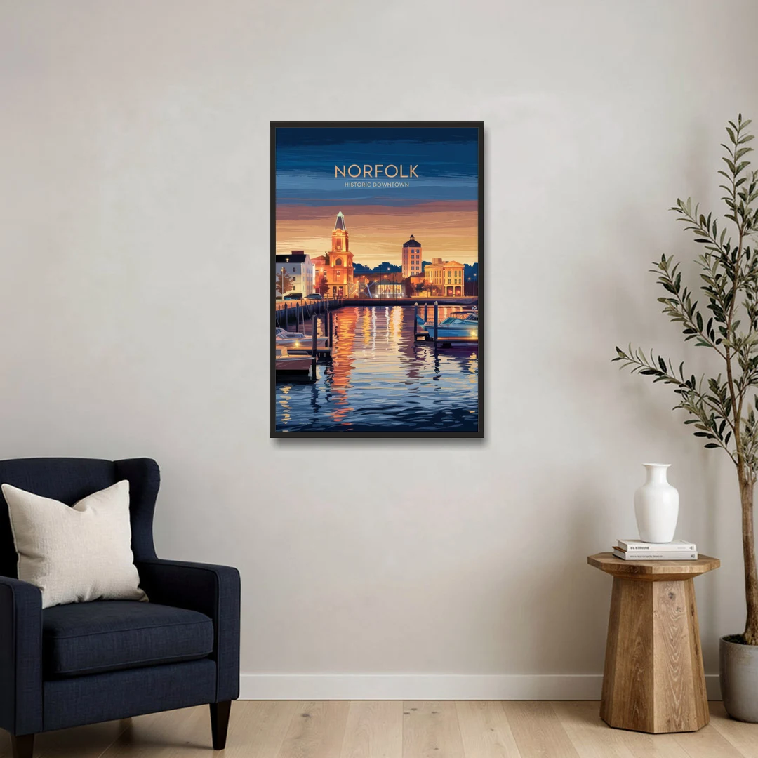 Norfolk Historic Downtown - Black Framed Canvas Wall Art - Sofa - 24x36