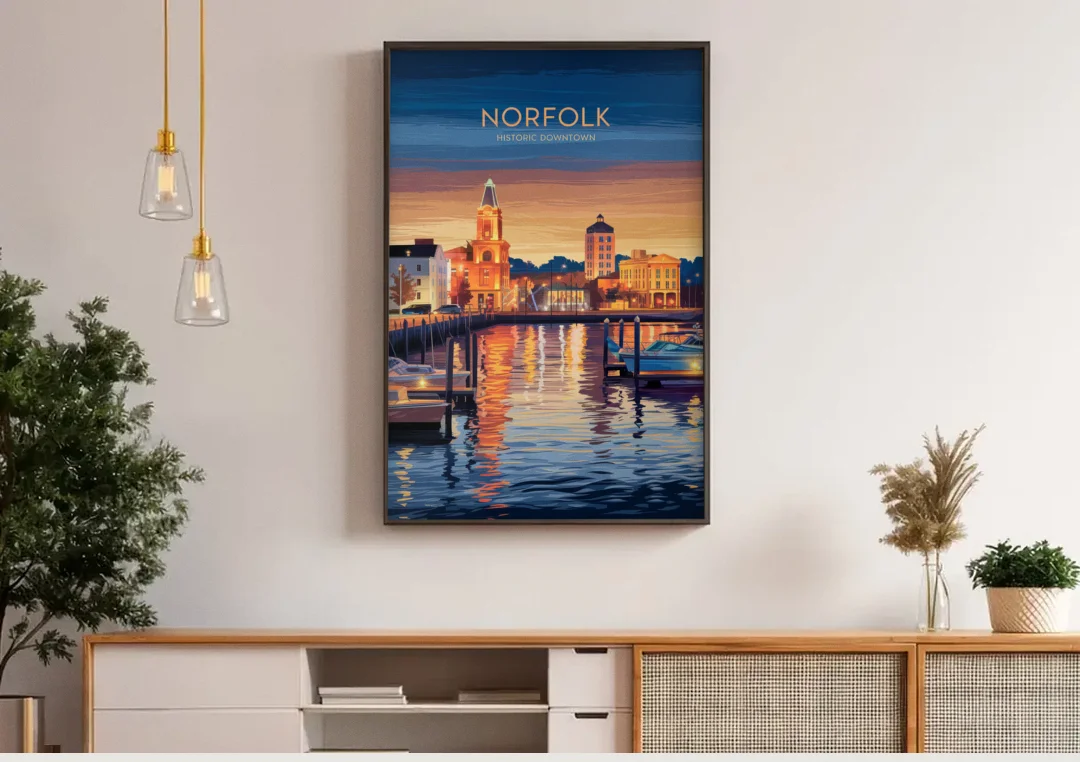 Norfolk Historic Downtown canvas wall art above a wooden sideboard under pendant lights