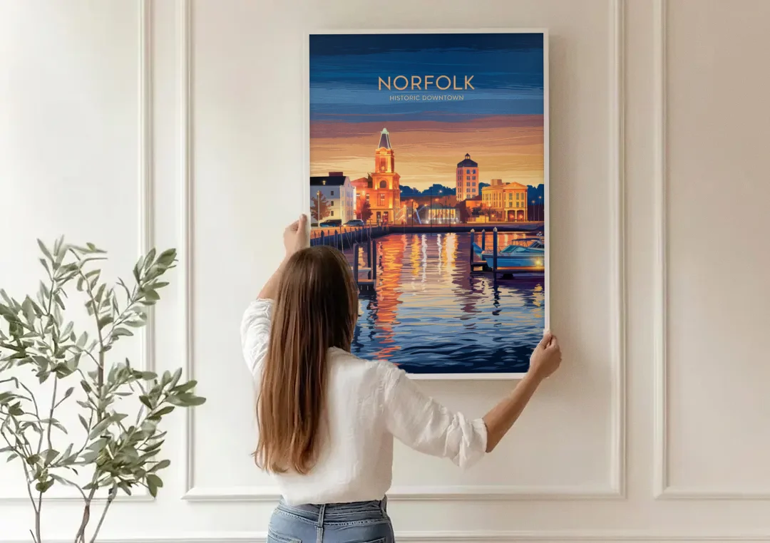 Norfolk Historic Downtown canvas wall art being hung on a paneled wall