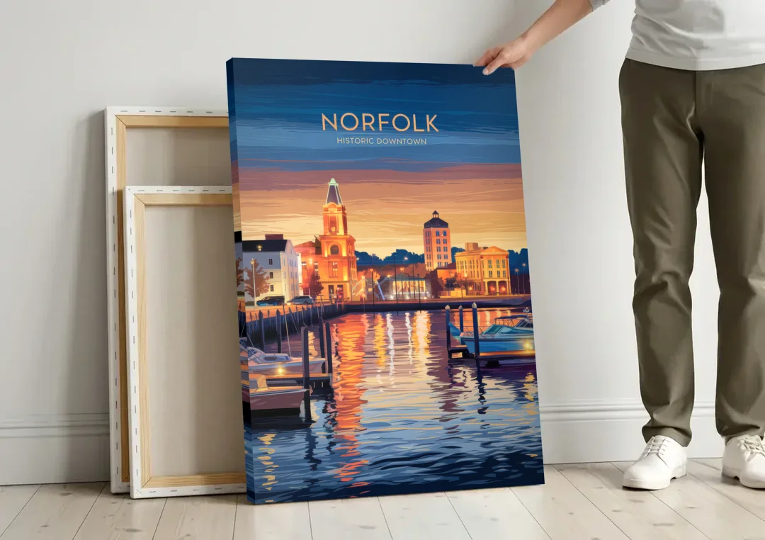 Norfolk Historic Downtown canvas wall art leaning against a wall next to blank canvases