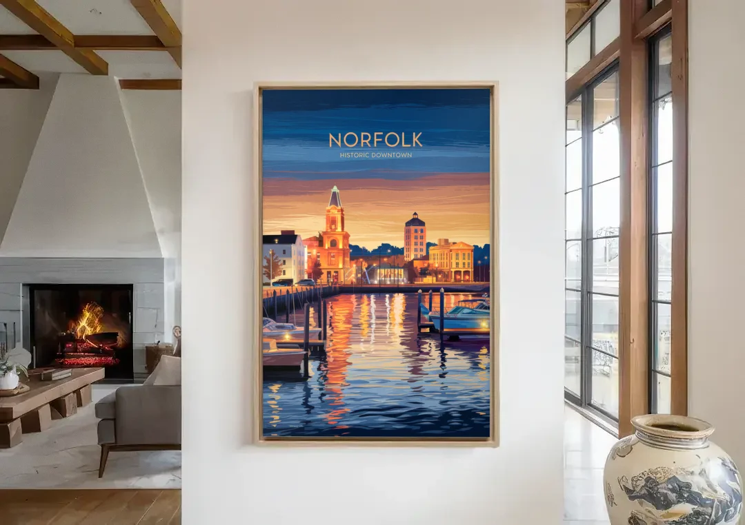 Norfolk Historic Downtown canvas wall art in a living room with a fireplace