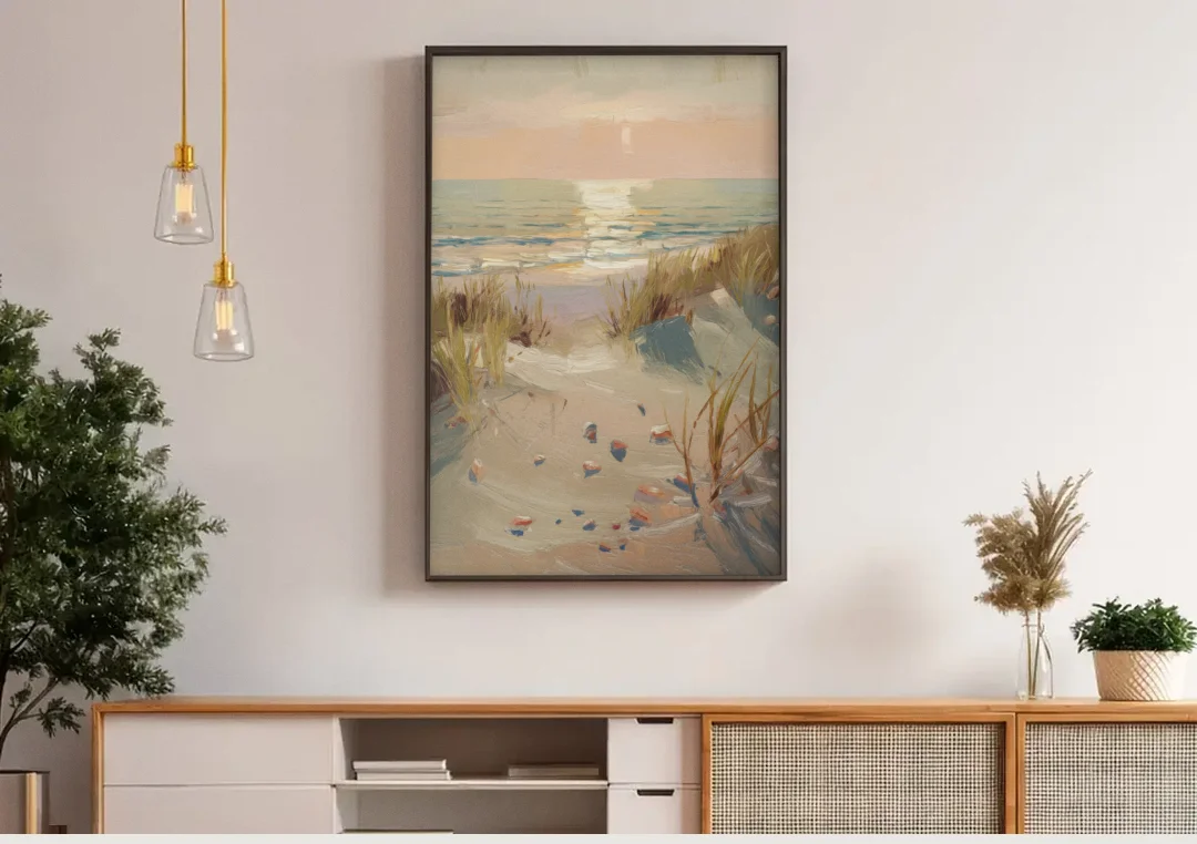Norfolk Oceanfront Serenity canvas wall art above a wooden sideboard under pendant lights