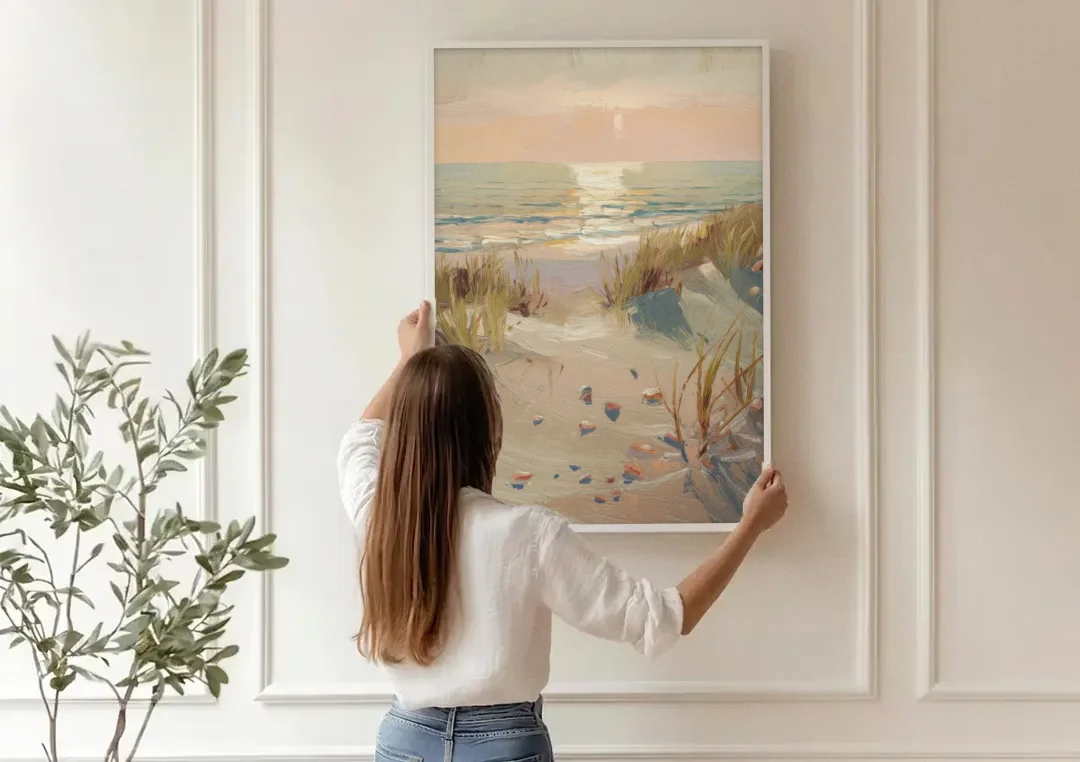 Norfolk Oceanfront Serenity canvas wall art being hung on a paneled wall