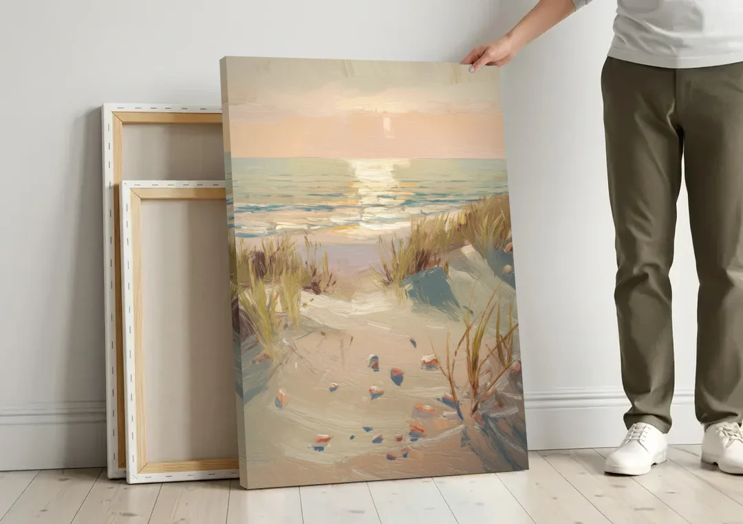 Norfolk Oceanfront Serenity canvas wall art leaning against a wall next to blank canvases