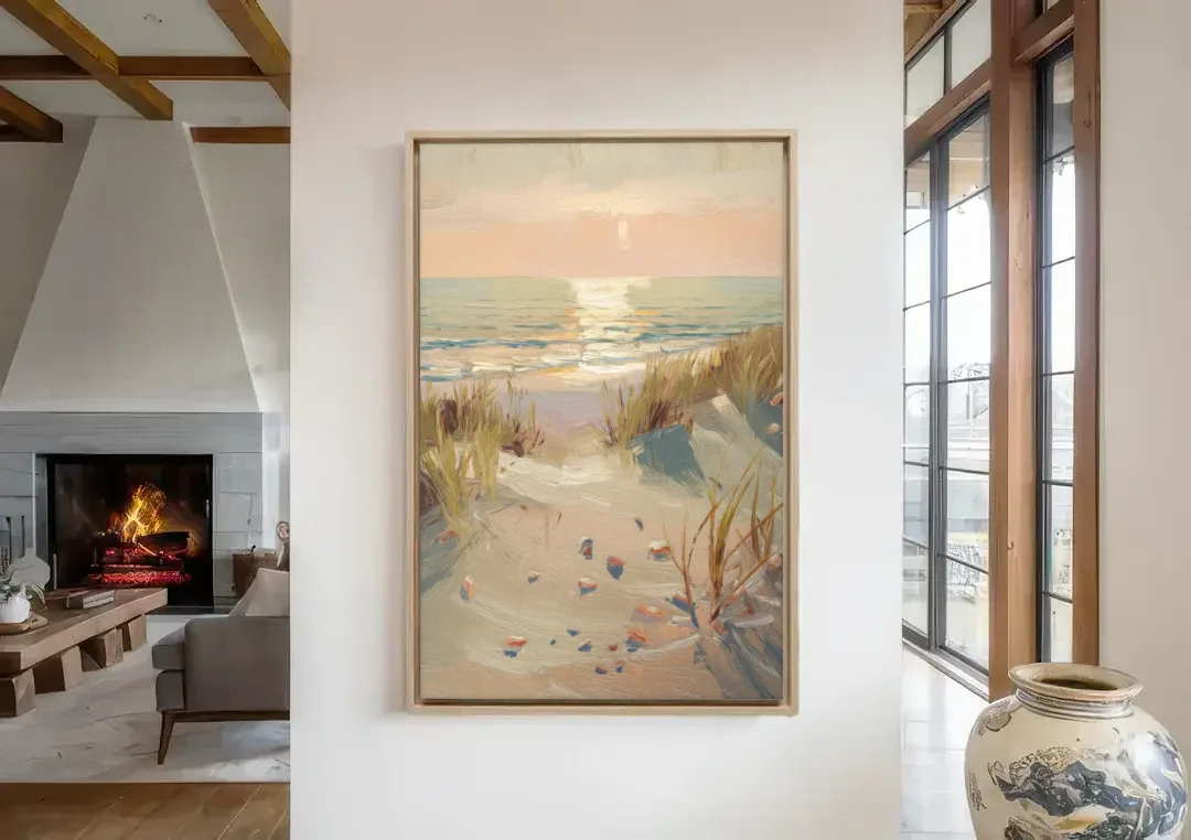 Norfolk Oceanfront Serenity canvas wall art in a living room with a fireplace