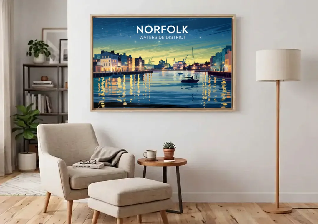 Norfolk Waterside District canvas wall art above an armchair in a bright living room