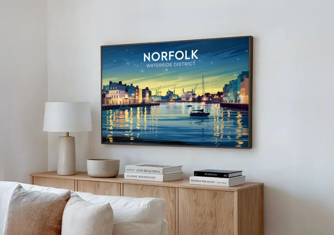 Norfolk Waterside District canvas wall art above a wooden sideboard next to a sofa