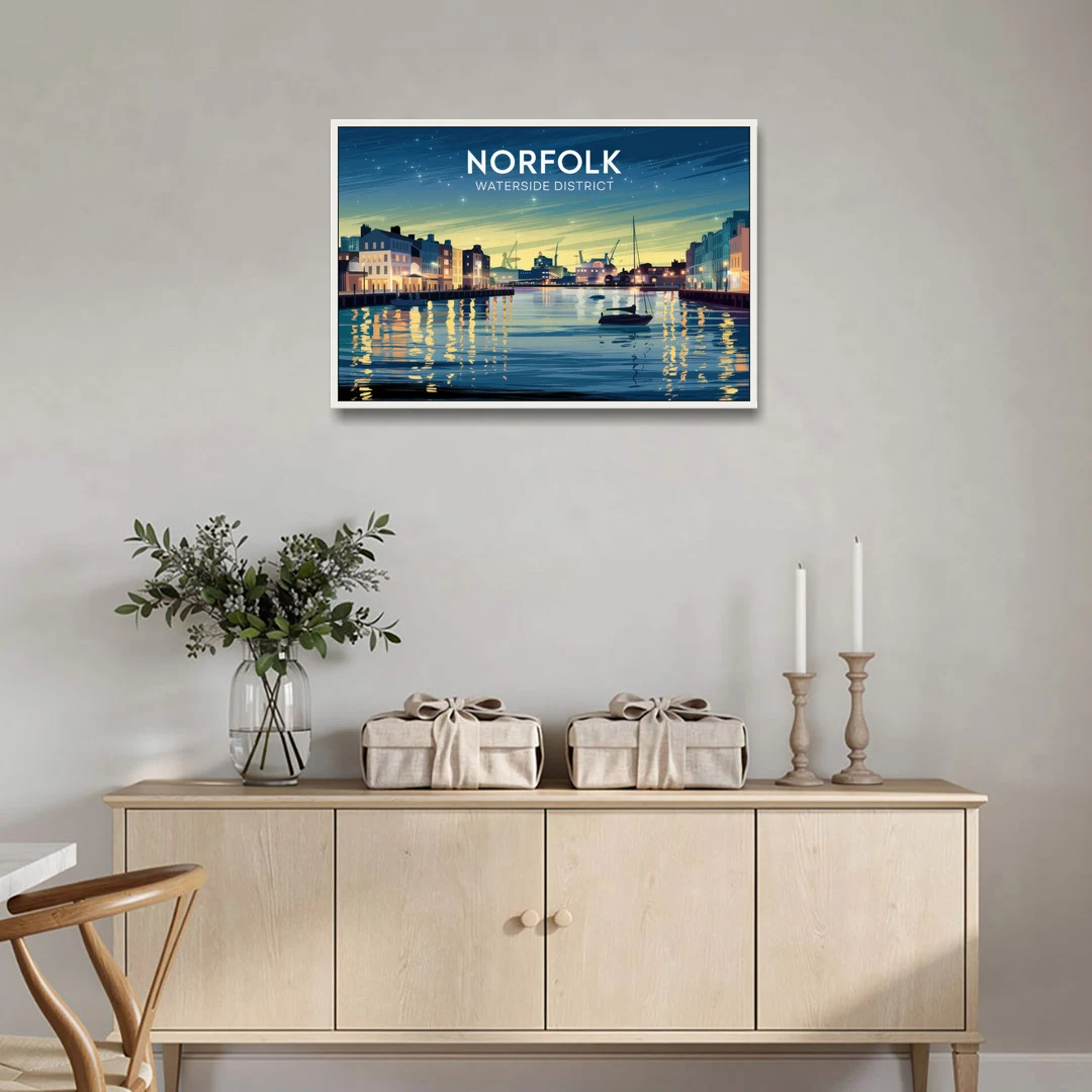 Norfolk Waterside District - White Framed Canvas Wall Art - Coffee Table - 36x24