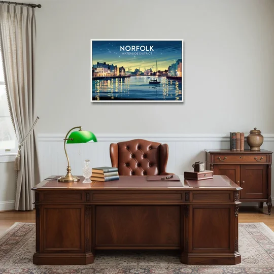 Norfolk Waterside District - White Framed Canvas Wall Art - Office - 36x24