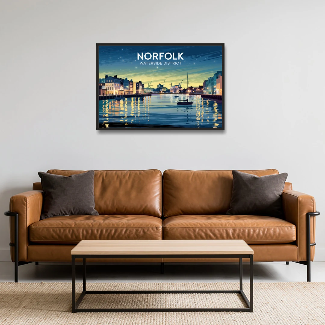 Norfolk Waterside District - Black Framed Canvas Wall Art - Sofa - 36x24