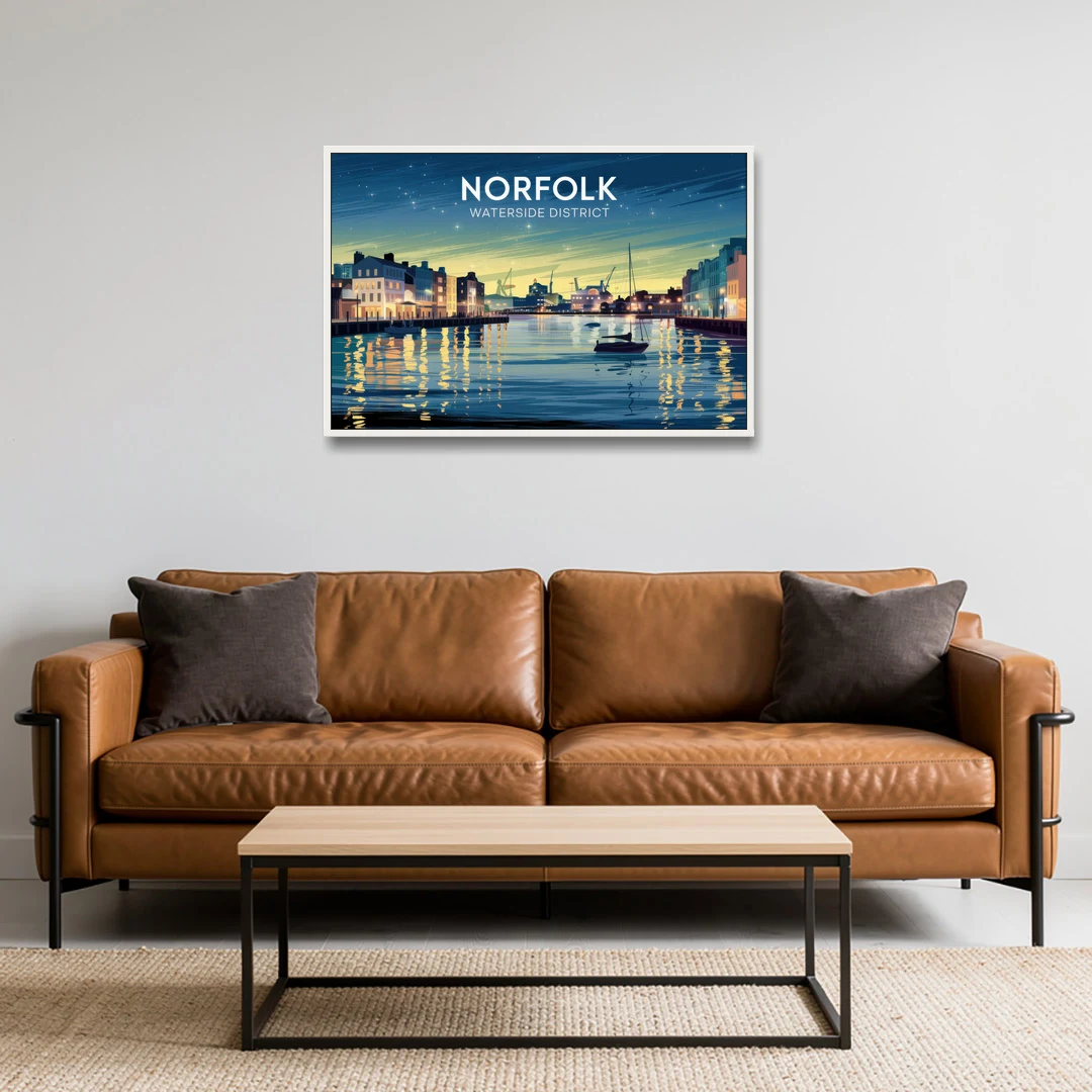 Norfolk Waterside District - White Framed Canvas Wall Art - Sofa - 36x24