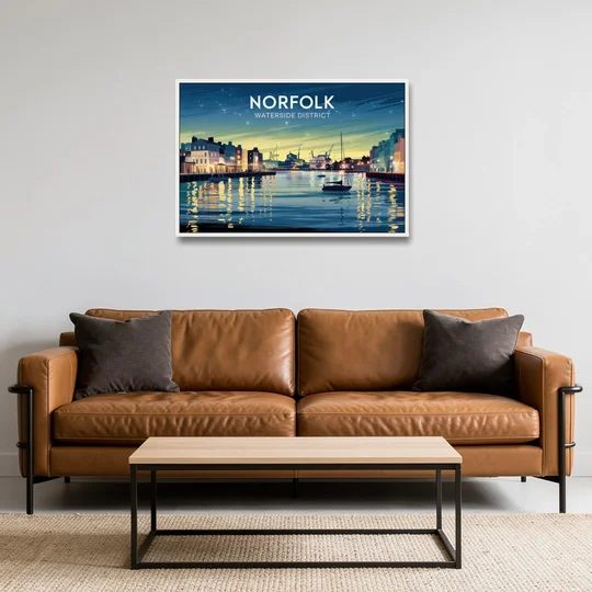 Norfolk Waterside District - White Framed Canvas Wall Art - Sofa - 36x24