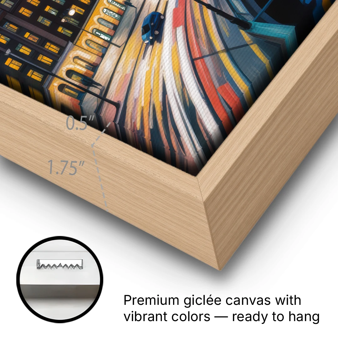 Norrmalm Nights - Oak Framed Canvas Wall Art - Gallery Wrap Corner
