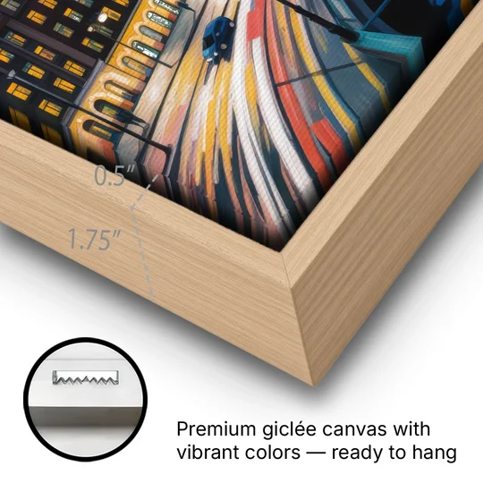 Norrmalm Nights - Oak Framed Canvas Wall Art - Gallery Wrap Corner