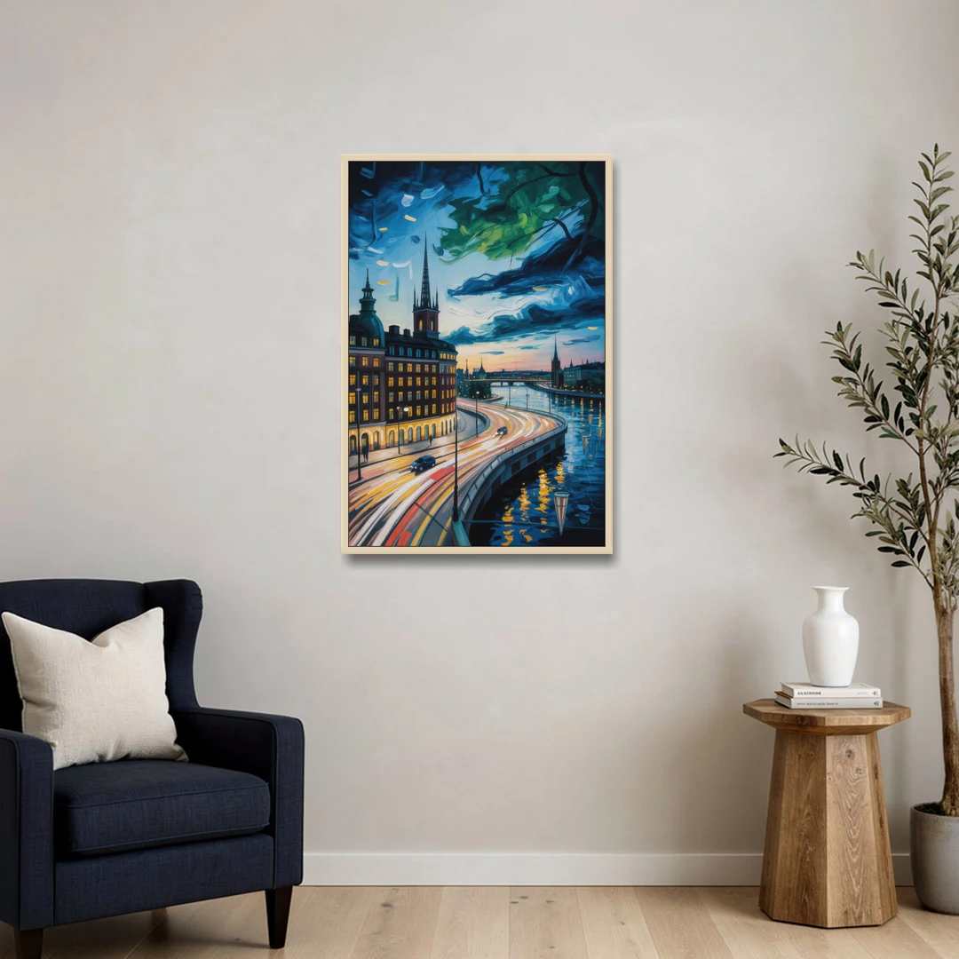 Norrmalm Nights - Oak Framed Canvas Wall Art - Sofa - 24x36