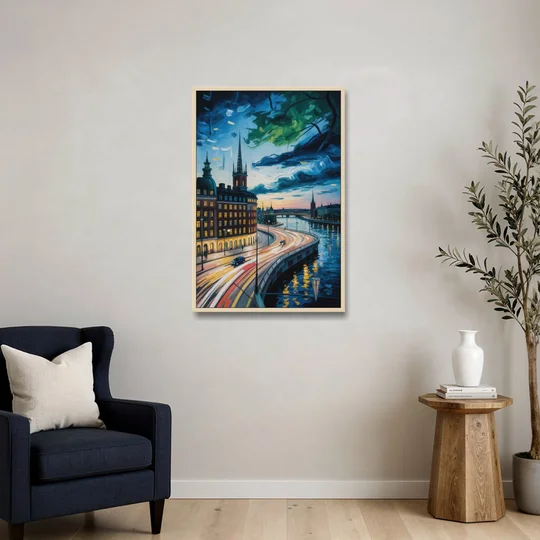 Norrmalm Nights - Oak Framed Canvas Wall Art - Sofa - 24x36