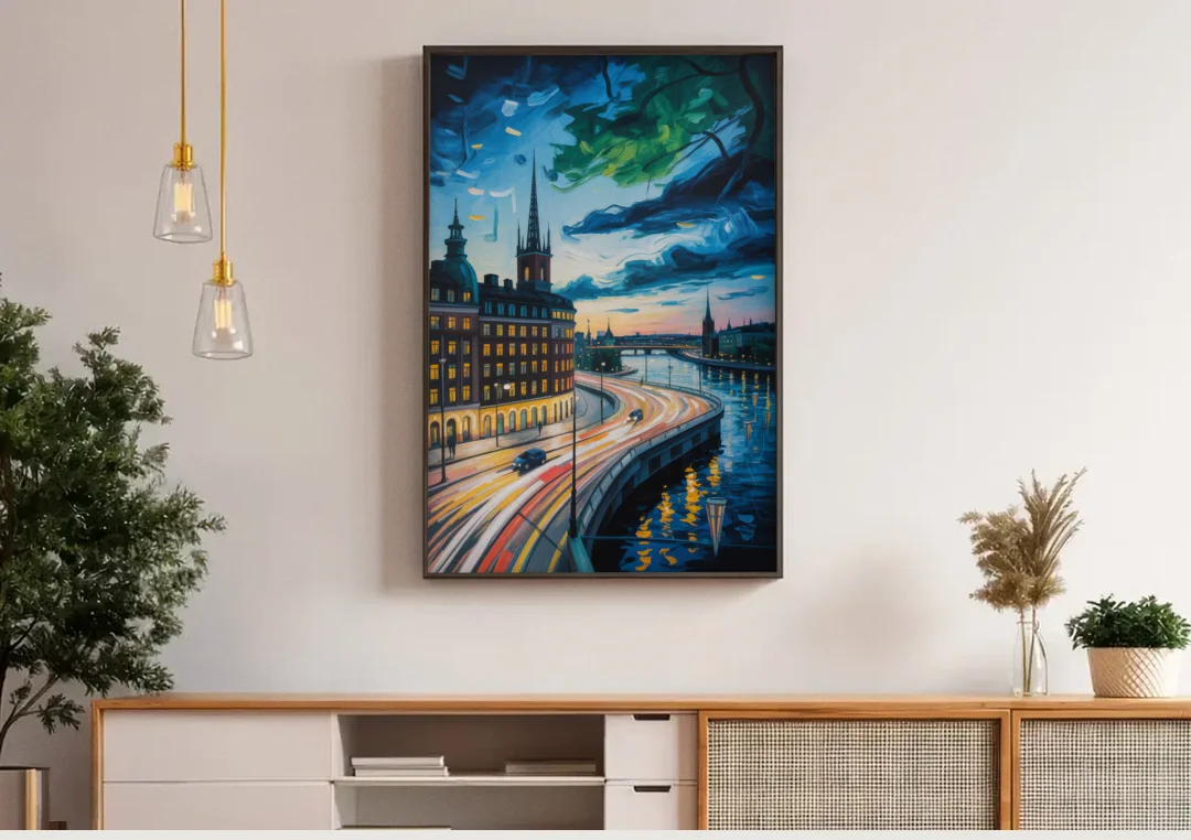 Norrmalm Nights canvas wall art above a wooden sideboard under pendant lights