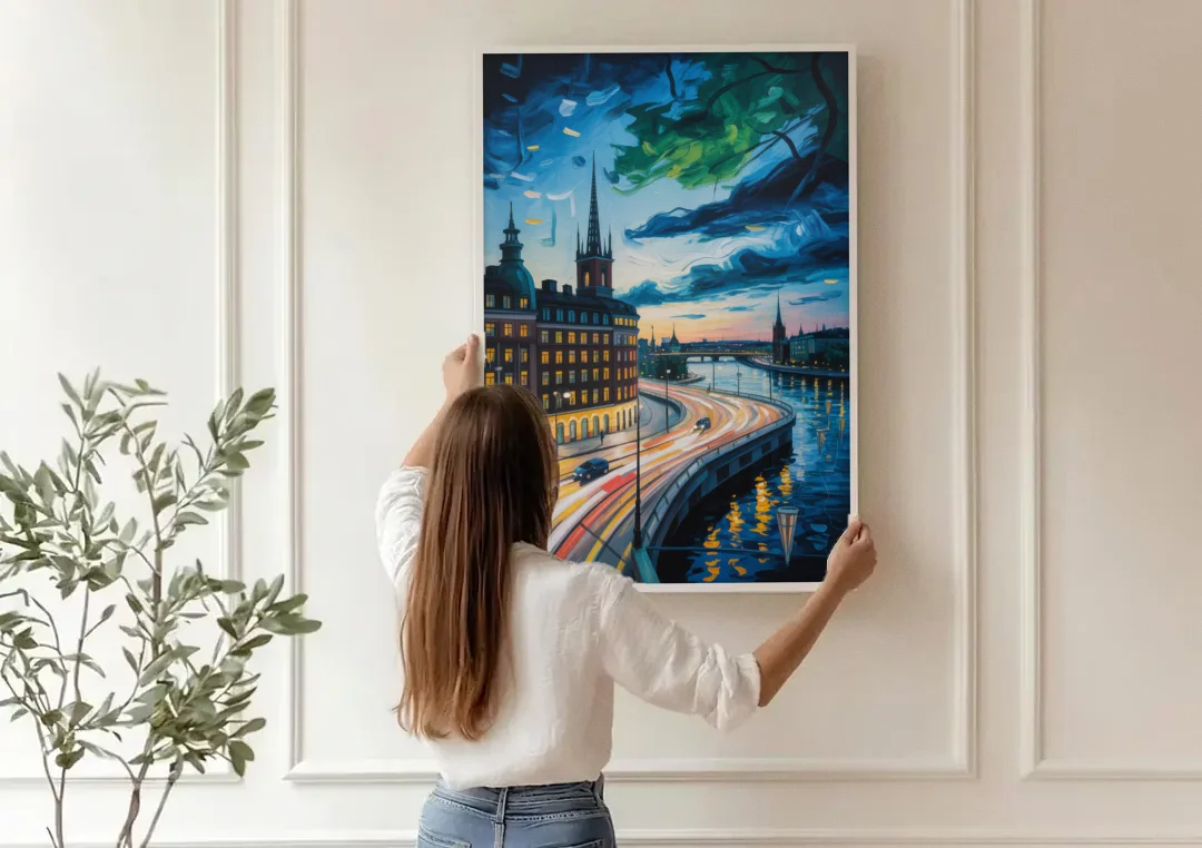 Norrmalm Nights canvas wall art being hung on a paneled wall