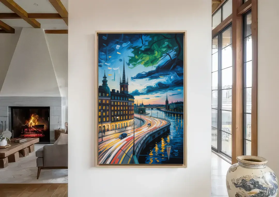 Norrmalm Nights canvas wall art in a living room with a fireplace